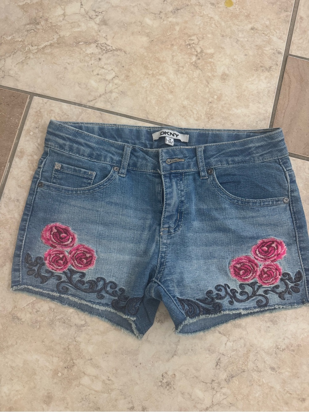DKNY Blue Denim Shorts with Pink Rose Embroidery